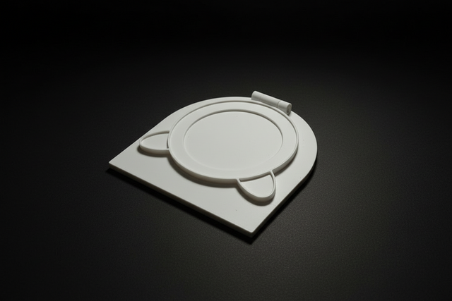 White circular object with two small horns on a wooden surface next to a decorative pen and a notebook with symbols.