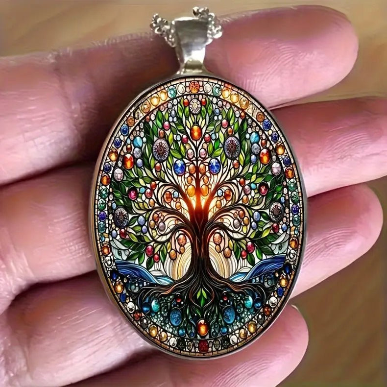 Tree of Life Gemstone Mosaic Pendant — Oval Medallion