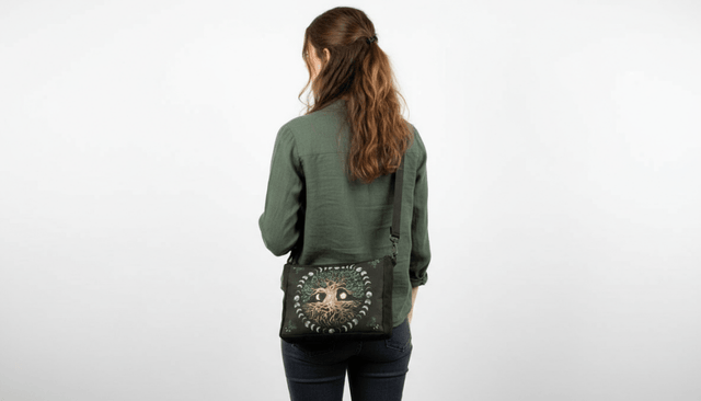 Person wearing a green jacket with a black handbag on a white background