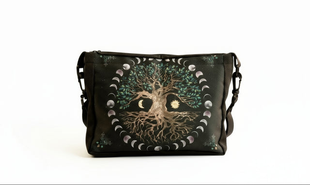 A black shoulder bag featuring the Tree of Life design with moon phases, displayed in a dimly lit environment with candles and floral decorations.