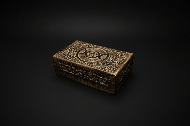 Bronze decorative box with intricate patterns on a white background