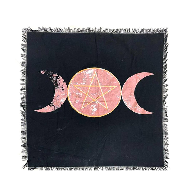 Black altar cloth with pink and gold celestial design featuring two crescent moons and a star on a white background.