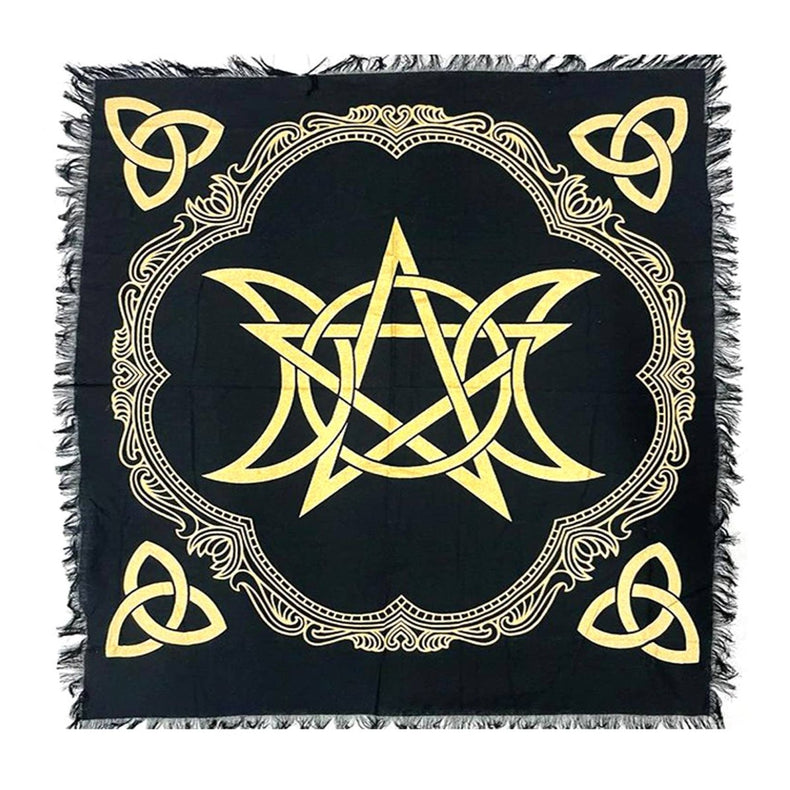 Black square cloth with gold Celtic knot design and triple moon