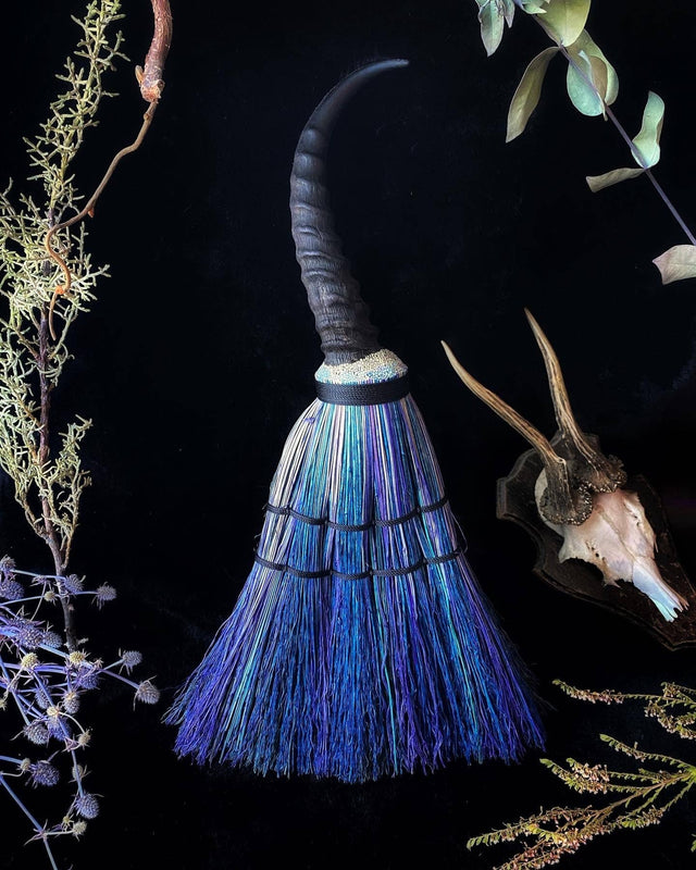 Decorative broom with blue bristles on a dark background with plants and a skull.