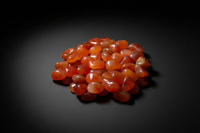 Collection of orange and red tumbled carnelian stones on a white background