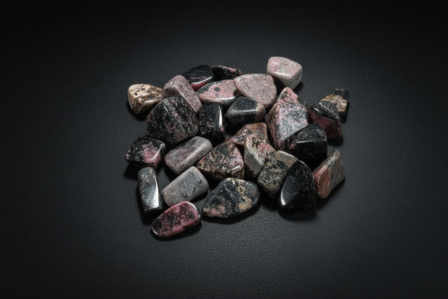 Collection of multicolored stones on a wooden surface