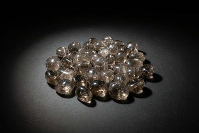 Clear glass stones on a gold tray with greenery and a white flower in the background
