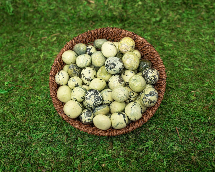 Basket of speckled eggs on a green moss background
