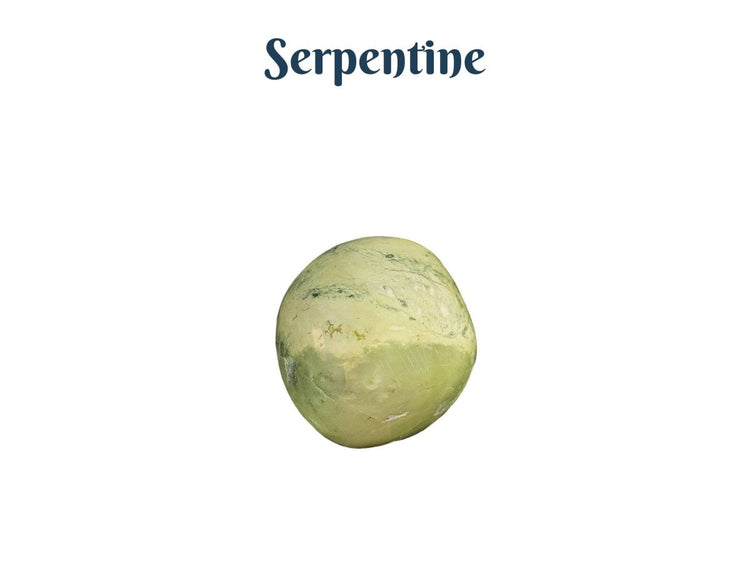 Serpentine stone on a white background with 'Serpentine' text above.