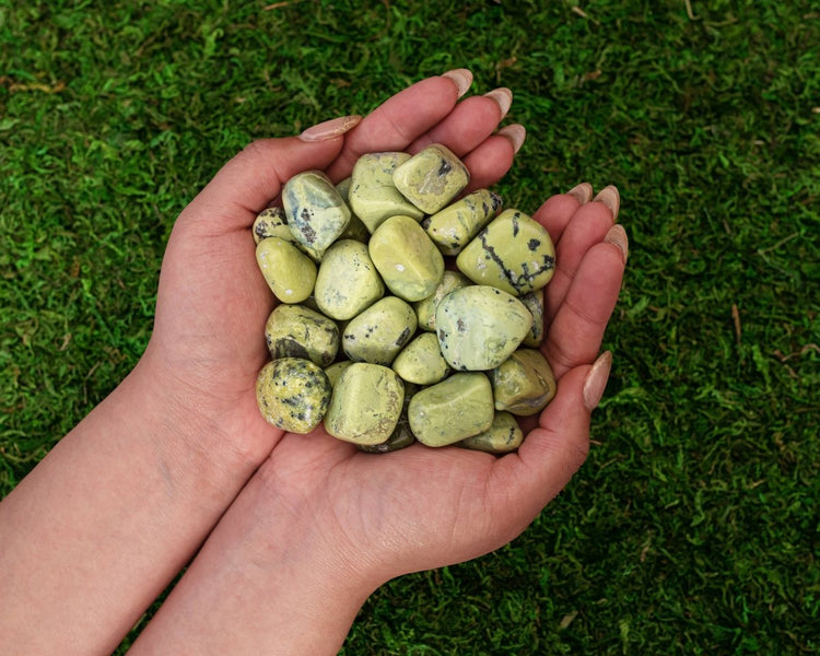 Hand holding a collection of green stones against a green mossy background