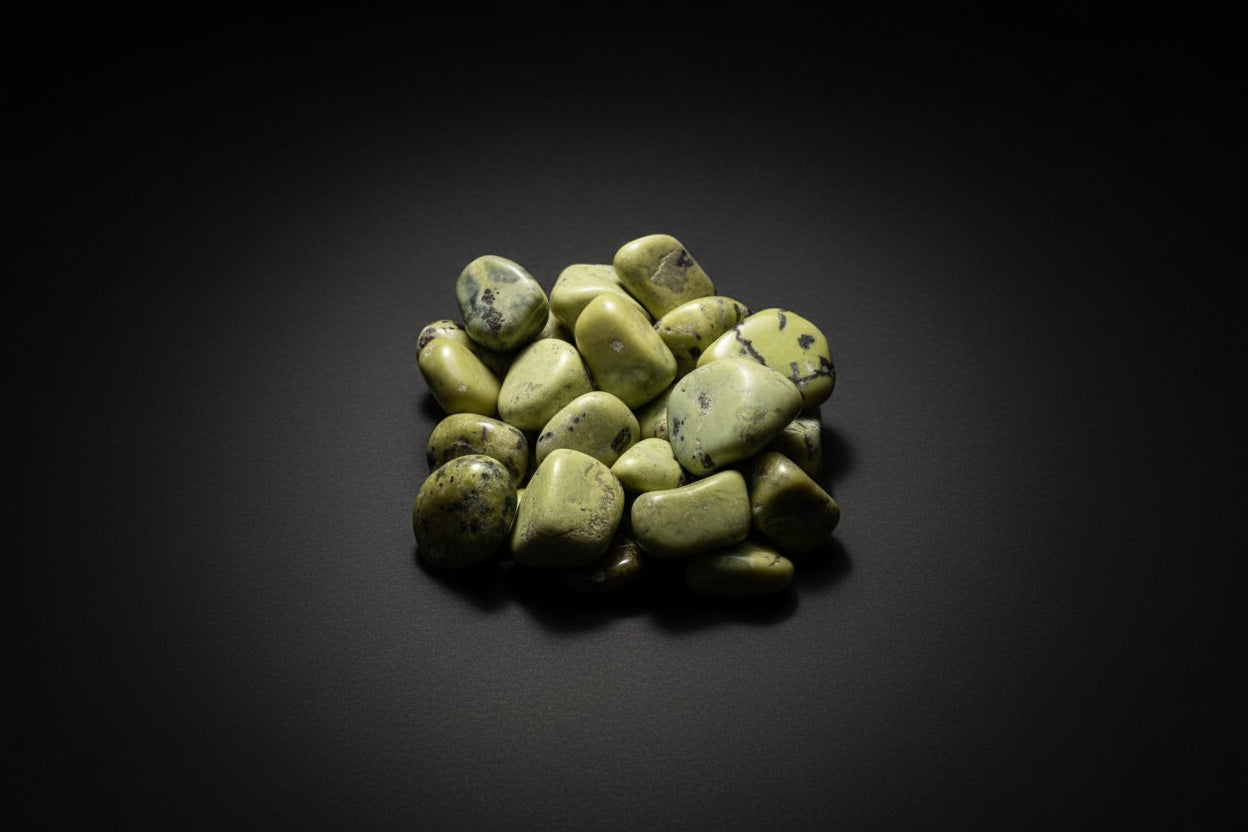 Hand holding a collection of green stones against a green mossy background
