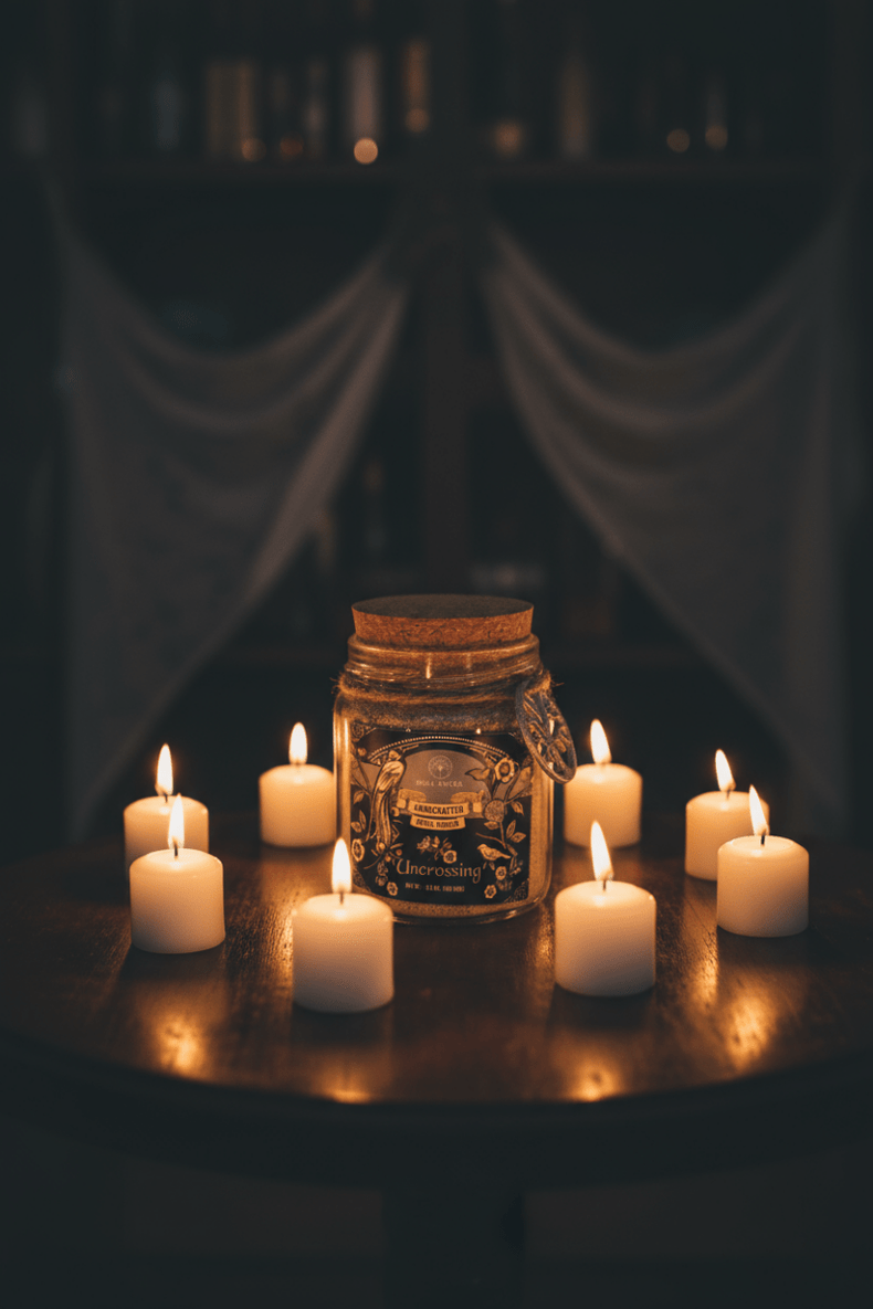 Jar with decorative elements surrounded by lit candles on a dark background