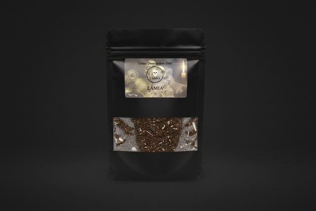 A plastic bag with Utter Destruction Dirt in it on a black background.