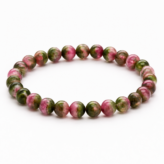 Watermelon Tourmaline beaded stretch bracelet with polished pink and green gemstone beads on a white background