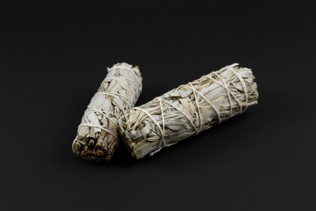 White Sage Cleansing Wand on a black background.