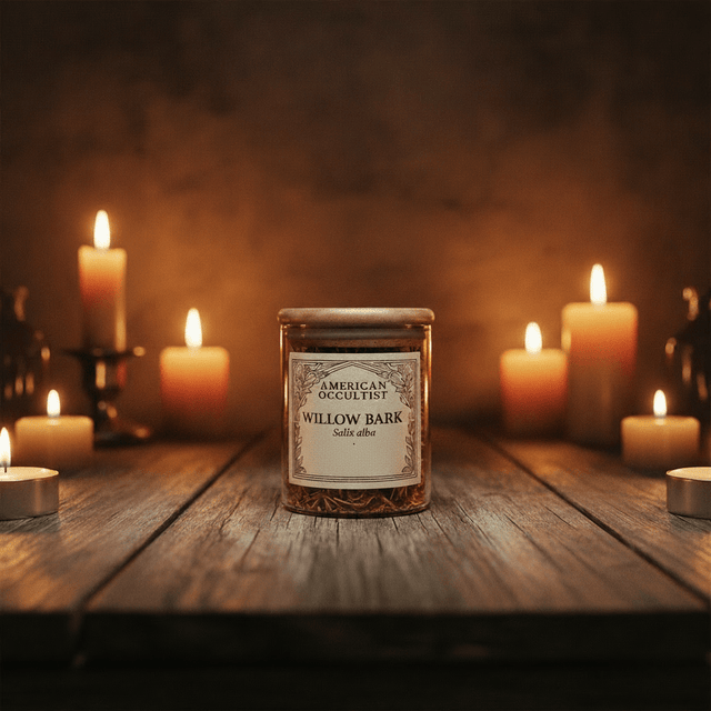Jar labeled 'American Occultist Willow Bark' on a wooden surface with candles in the background
