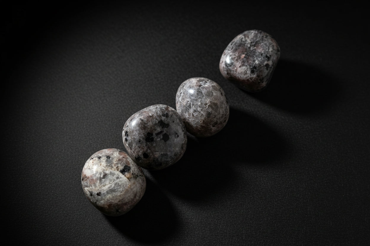 Representative polished gray Yooperlite trade rock; sodalite pattern and orange-to-yellow ultraviolet fluorescence vary