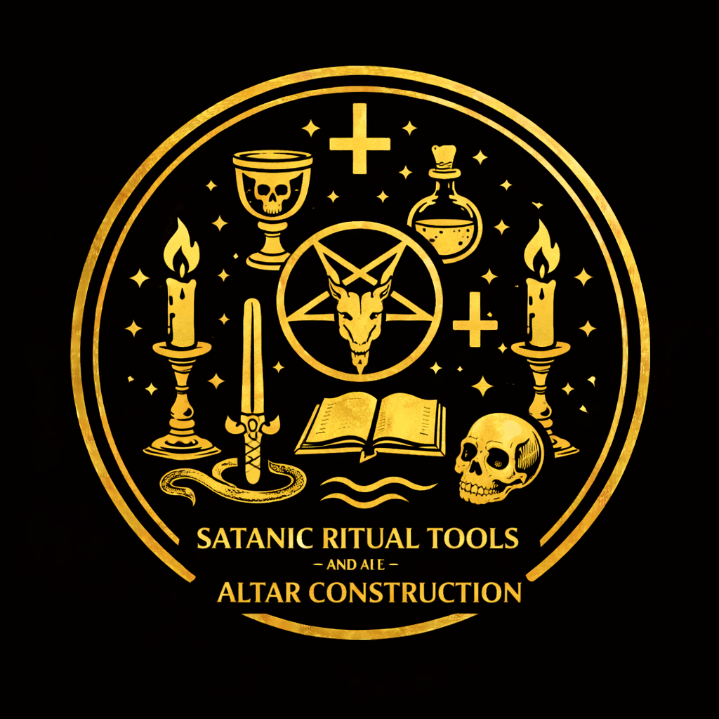 Satanic ritual altar with central symbol, candles, chalice, bell, journal, stones, incense, and safely arranged tools