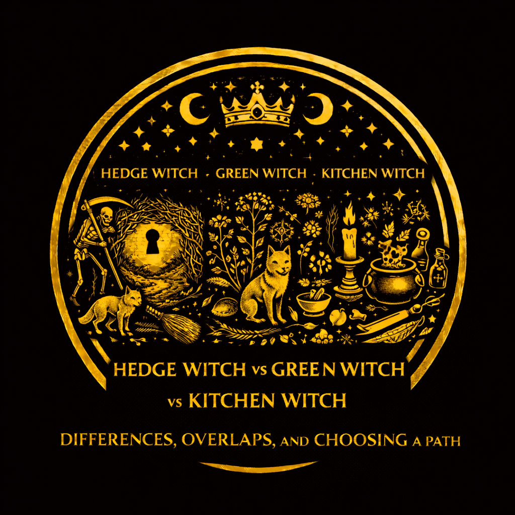 Three-part comparison showing hedge-witch trance tools, green-witch plants and garden tools, and kitchen-witch cookware and herbs