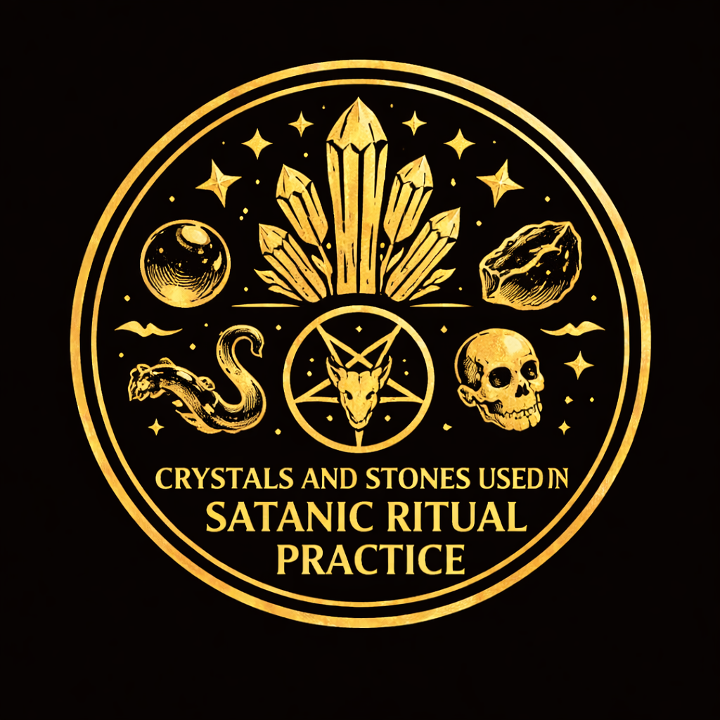 Obsidian, black onyx, hematite, jet, garnet, and quartz arranged on a modern Satanic ritual altar