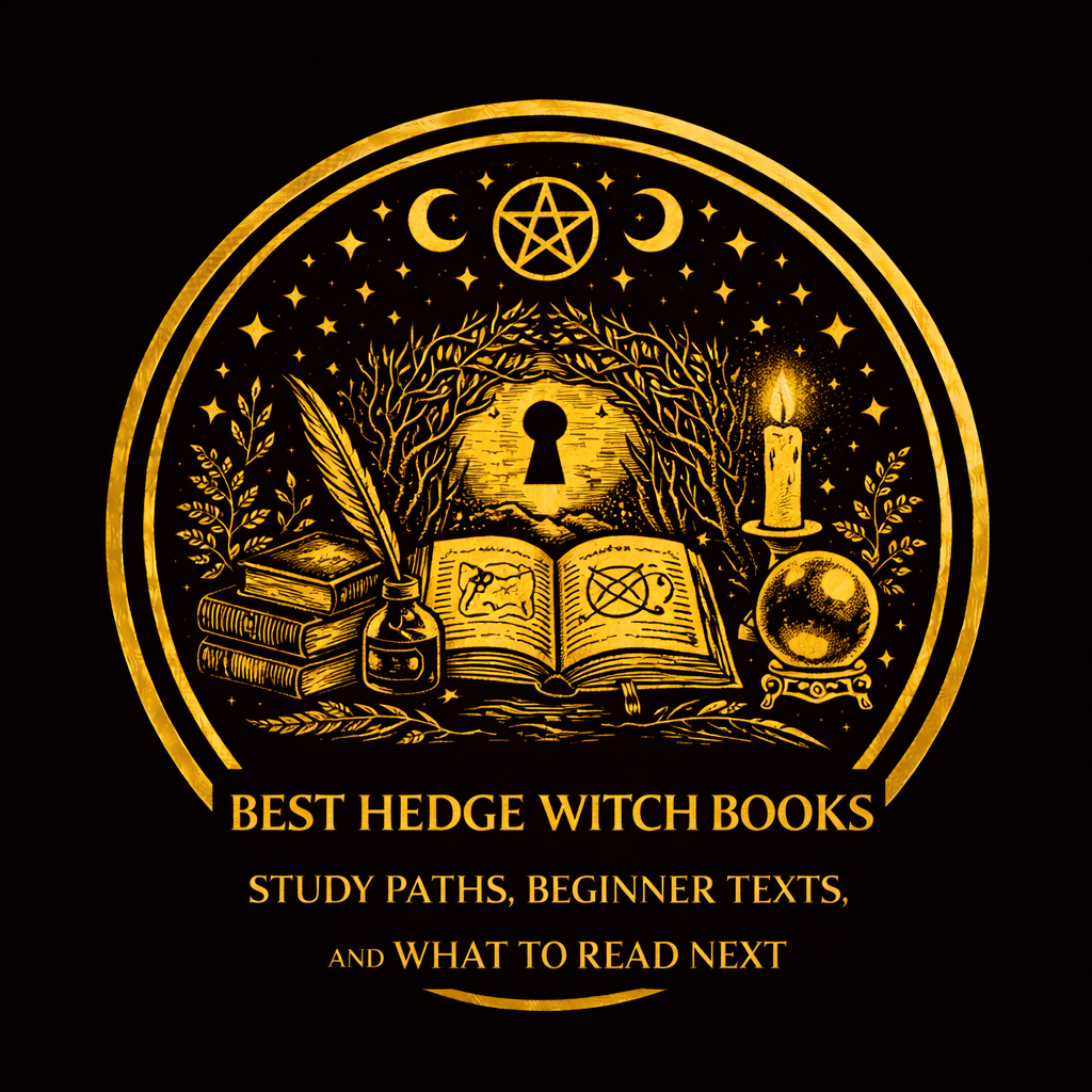 Stack of hedge-witchcraft books with journal, herbs, key, mirror, and study notes arranged as a reading path