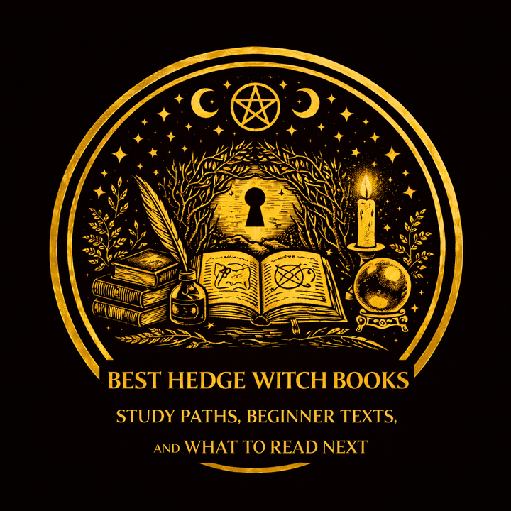 Stack of hedge-witchcraft books with journal, herbs, key, mirror, and study notes arranged as a reading path