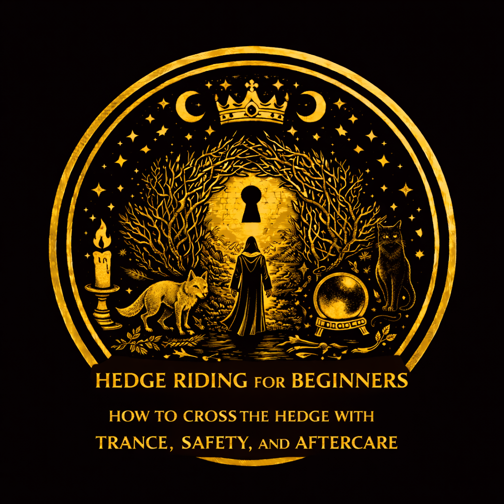 Hedge-riding trance setup with symbolic gate, key, candle, drum, scrying mirror, journal, and grounding stone