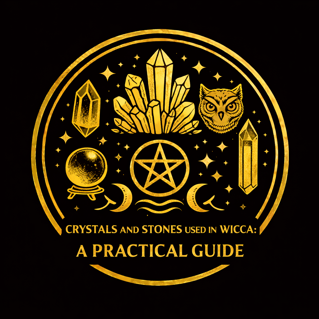 Clear quartz, amethyst, obsidian, black tourmaline, rose quartz, citrine, and selenite arranged for Wiccan ritual