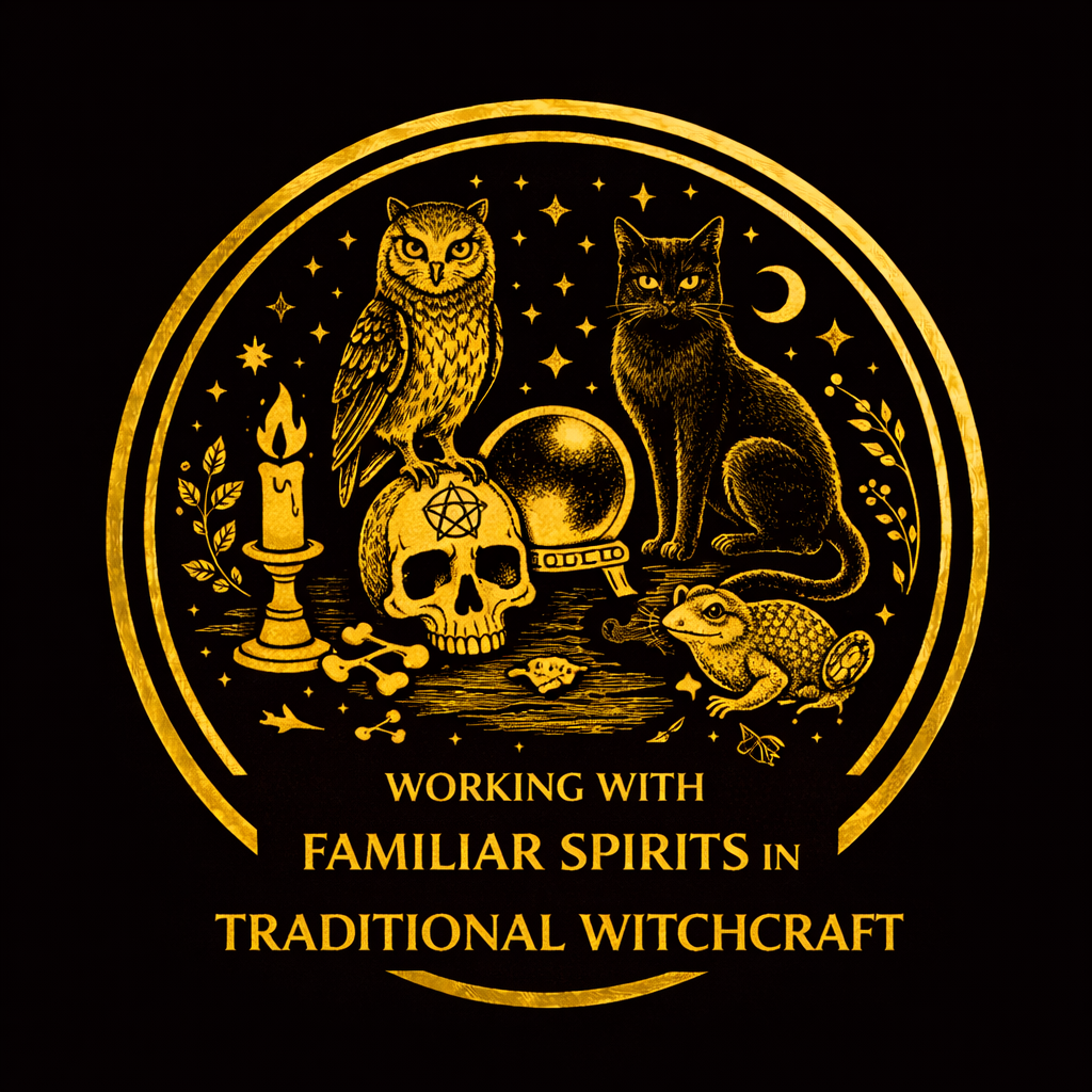 Candlelit traditional witchcraft altar with animal, ancestral, household, and land-spirit symbols