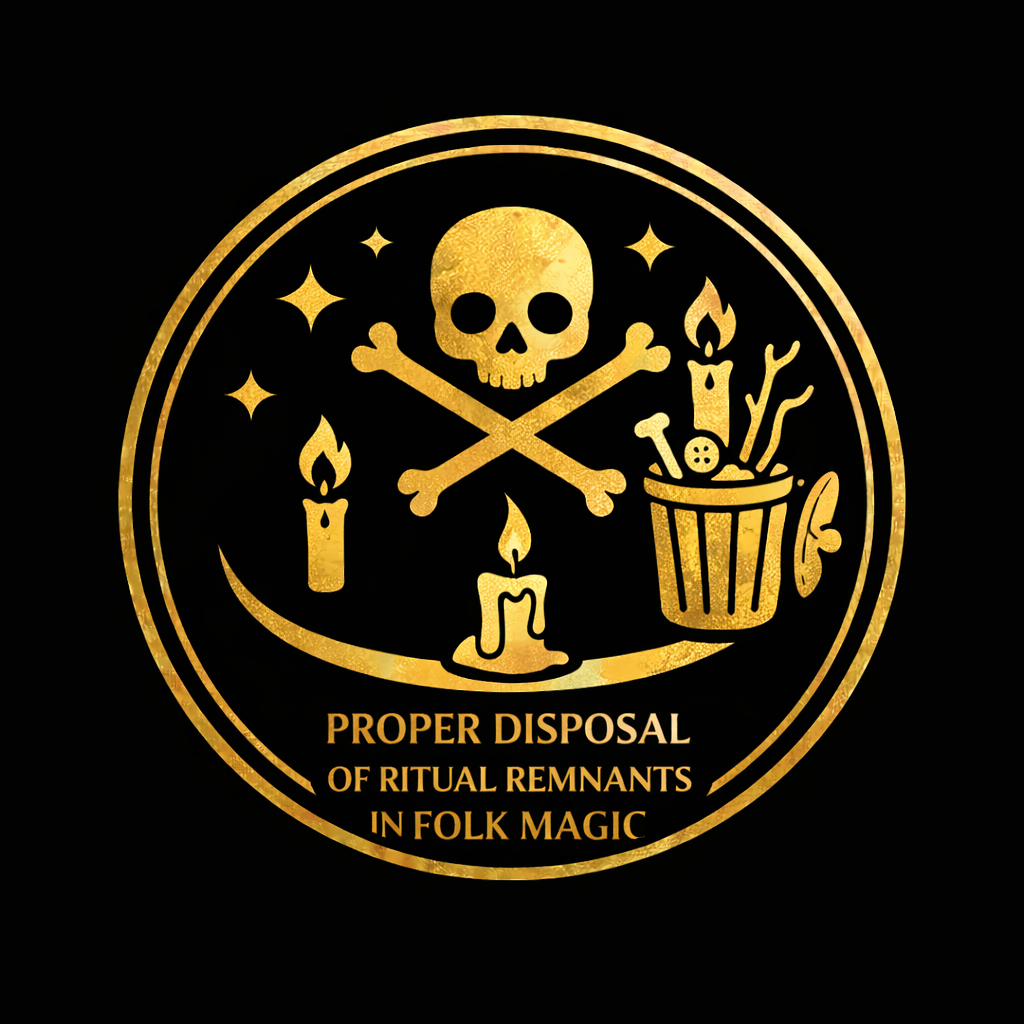 Sorted ritual remnants including wax, herbs, salt, ash, glass, sharps, and offerings prepared for responsible disposal
