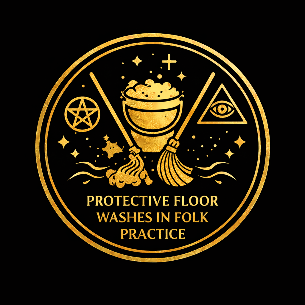 Protective floor-wash setup with labeled cleaning solution, mop, bucket, gloves, and household boundary symbols
