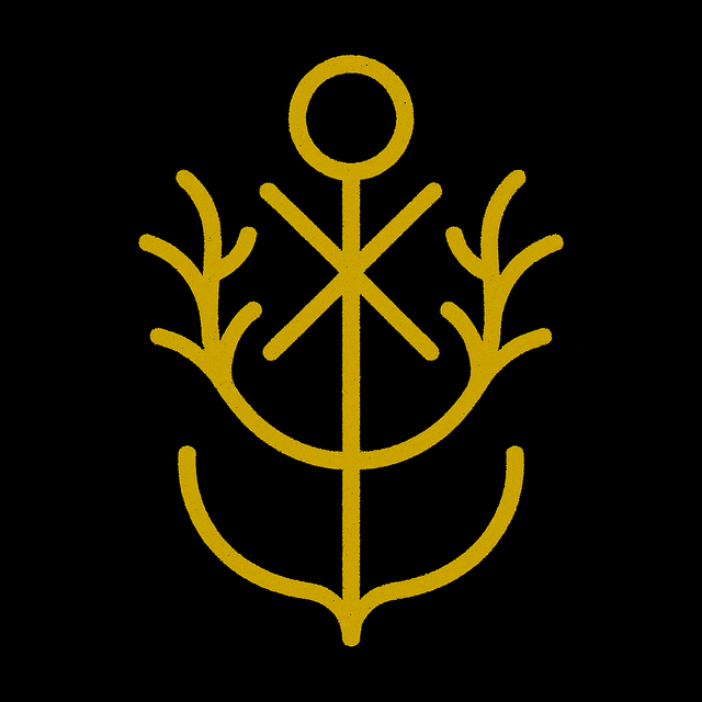 A golden sigil for “5 Herbs for Protection Magic,” featuring curved lines resembling branches and leaves intersecting with a central axis on a black background.