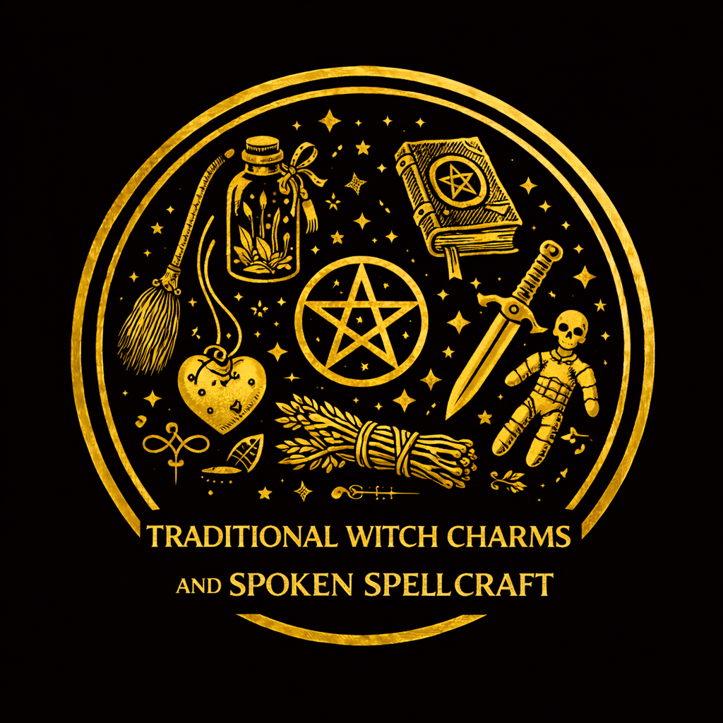Traditional charms, amulets, talismans, pouches, hag stones, iron keys, coins, protective thread, and written symbols