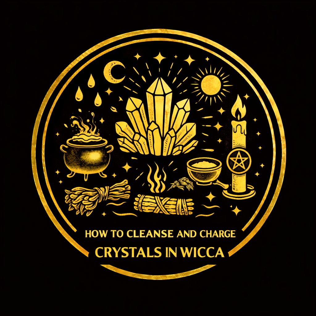 Wiccan crystal cleansing setup using a bell, journal, moonlit window, LED candle, elemental symbols, and dry mineral-care tools