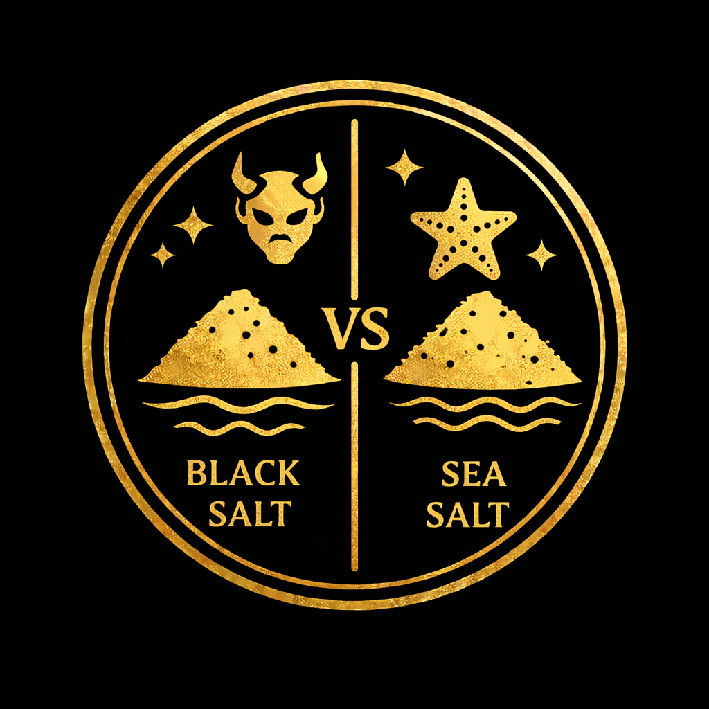 Side-by-side comparison of plain sea salt and ritual black salt in labeled containers