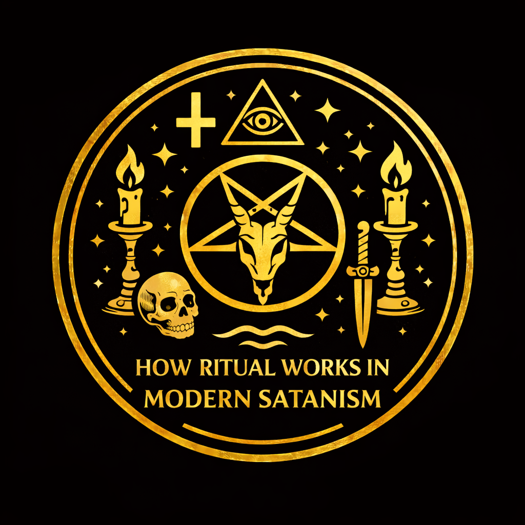 Modern Satanic ritual setup illustrating psychodrama, devotional practice, symbolic tools, structured opening, and deliberate closure