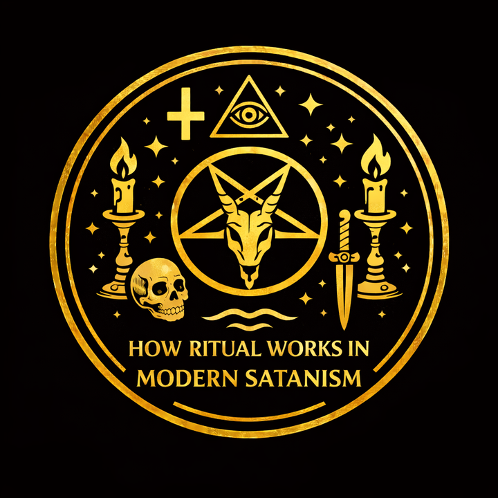 Modern Satanic ritual setup illustrating psychodrama, devotional practice, symbolic tools, structured opening, and deliberate closure
