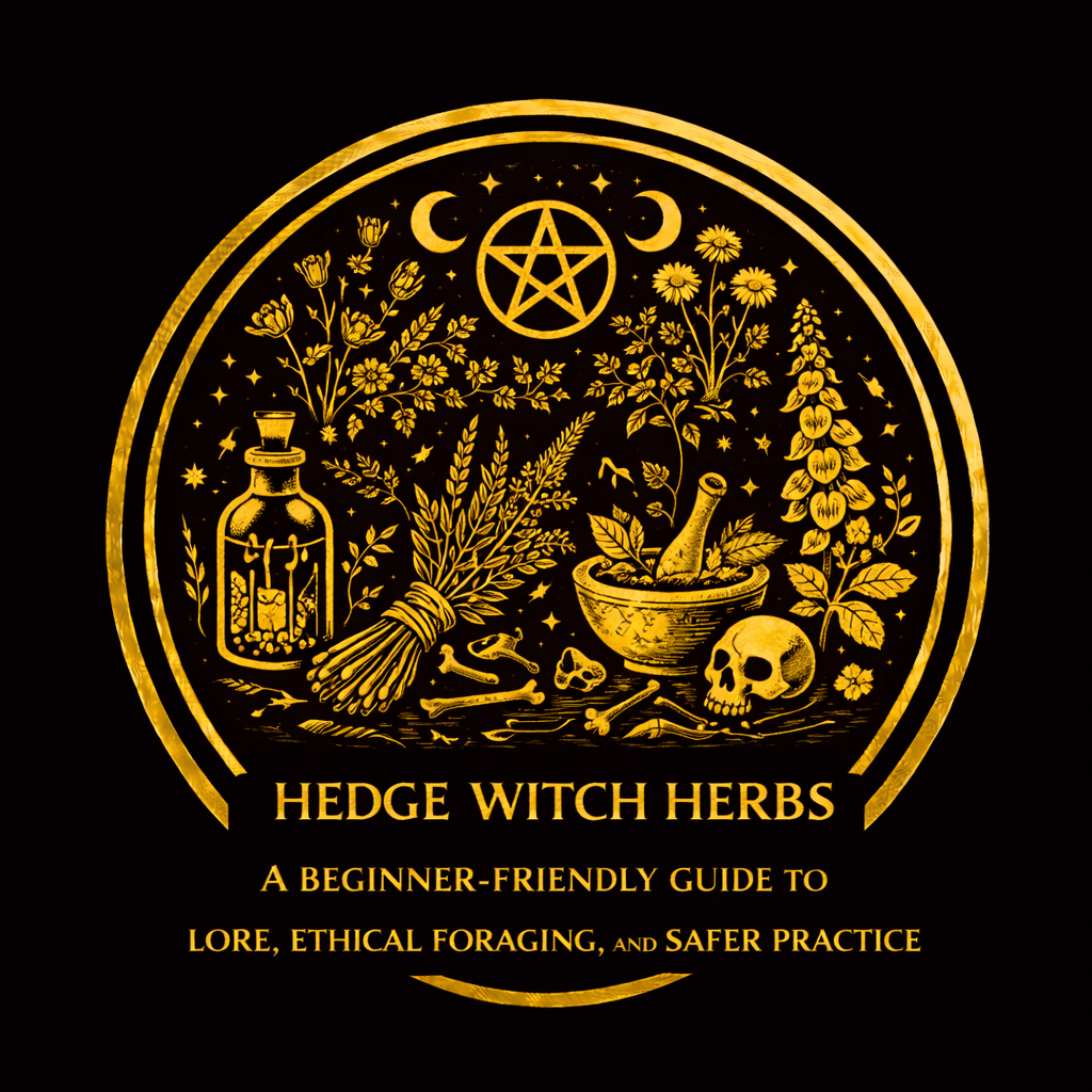 Labeled hedge-witch herbs including rosemary, lavender, mugwort, yarrow, nettle, hawthorn, elder, basil, bay, and chamomile