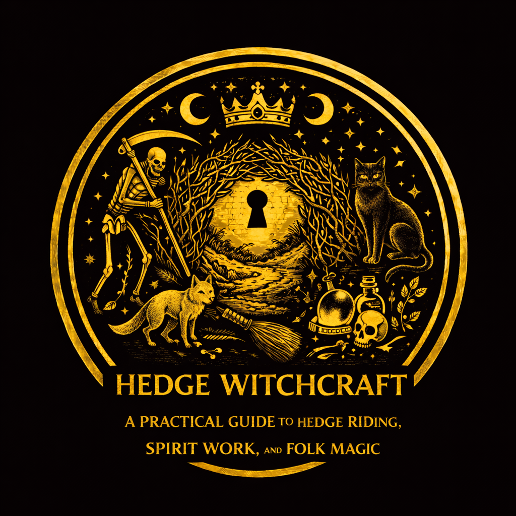 Hedge witchcraft altar near a garden boundary with journal, herbs, key, mirror, candle, broom, and threshold symbols