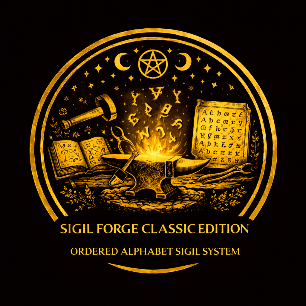 Sigil Forge Classic Edition ordered alphabet board with an intention traced into a connected sigil
