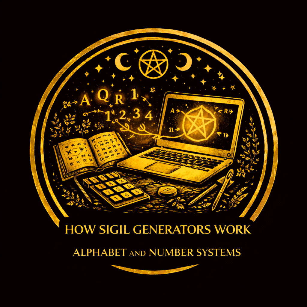 Diagram showing letters and numbers converted into connected line paths by several sigil generator systems