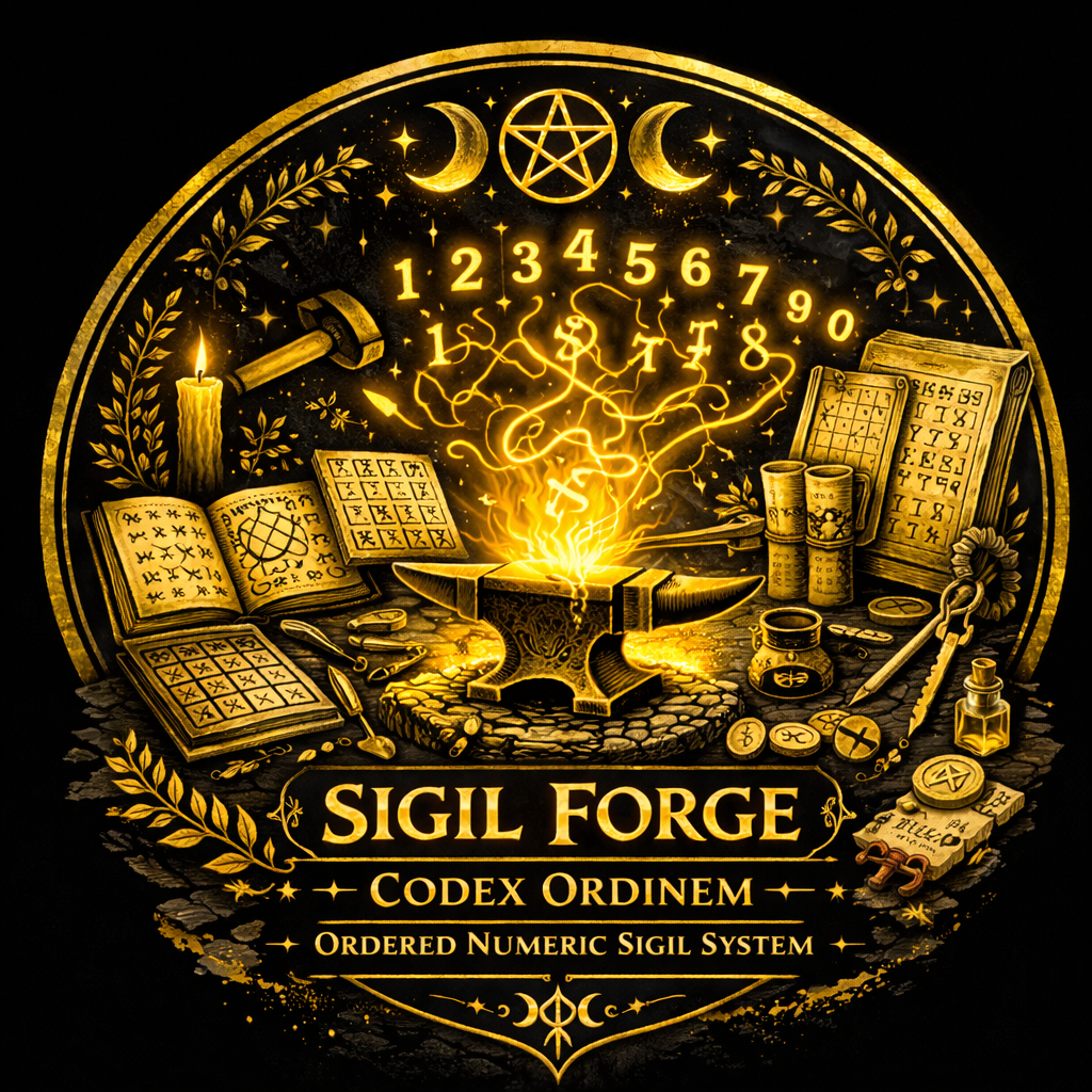 Sigil Forge Codex Ordinem ordered 0–9 numeric grid with a number sequence traced into a sigil