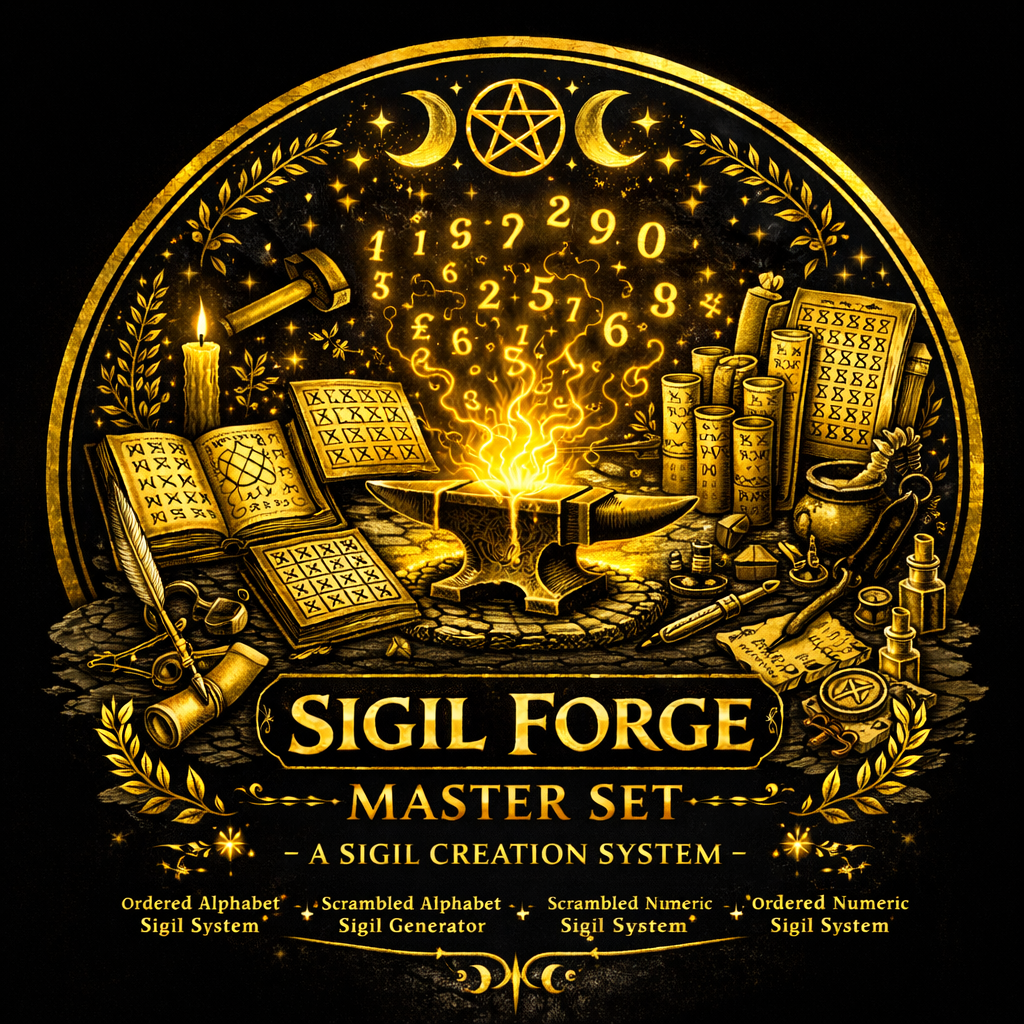 Complete Sigil Forge Master Set showing alphabet, chaos, cypher, and numeric sigil creation boards