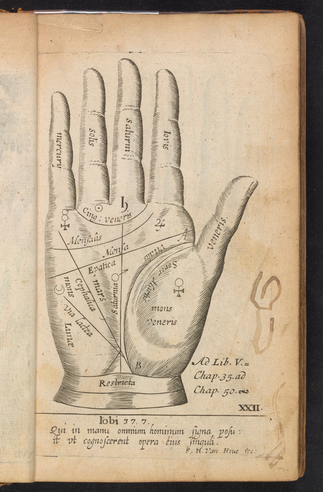 Seventeenth-century engraved palmistry chart of a right hand with planetary symbols and palm lines