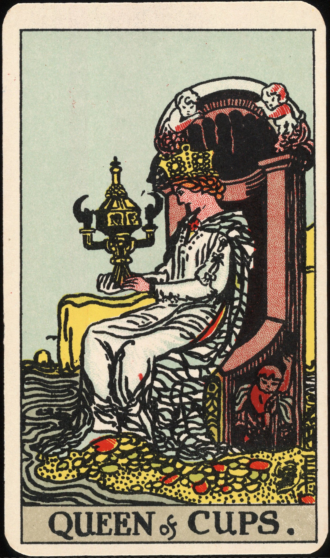 Queen of Cups from a historic Waite-Smith tarot deck illustrated by Pamela Colman Smith