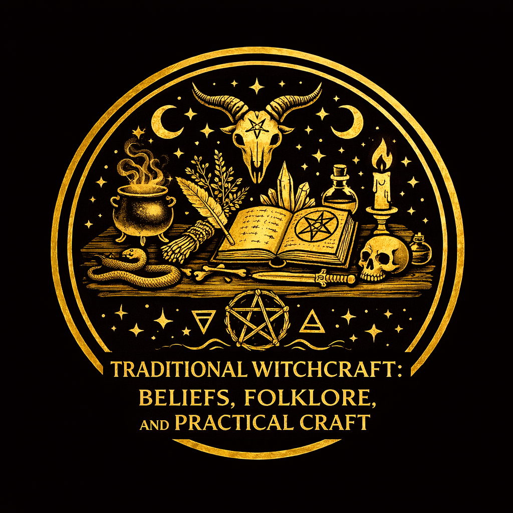 Traditional witchcraft workspace with charms, herbs, key, candle, bowl, mirror, folklore books, and household protection symbols