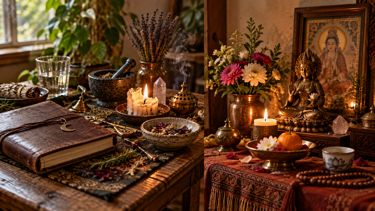 Ritual altar beside a devotional shrine, showing the different purposes of working space and sacred devotional space