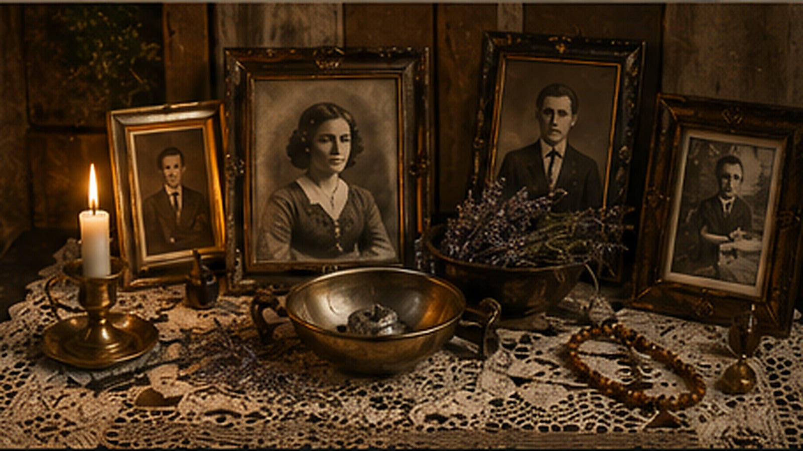 Ancestor altar with framed family photographs, candles, flowers, offerings, and remembrance objects