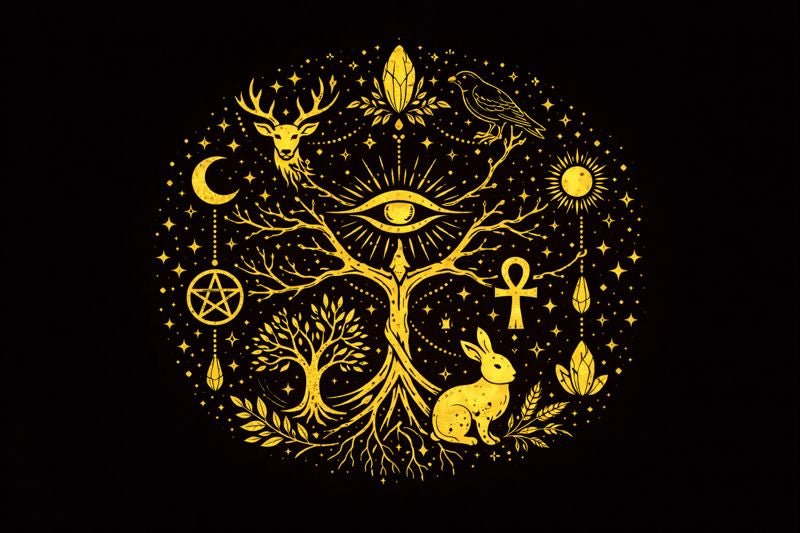 Living forest, river, stones, animals, and household symbols representing animism within modern Paganism