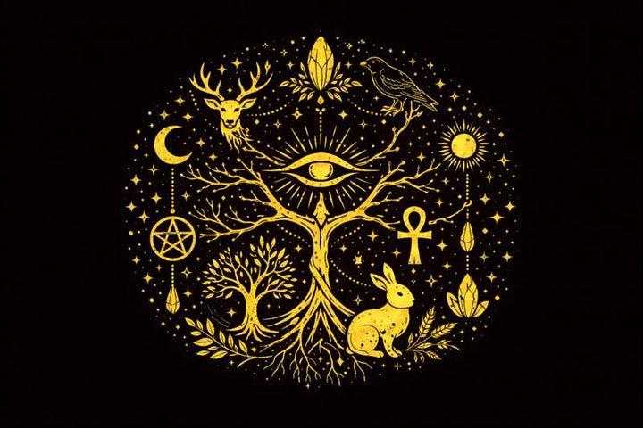 Living forest, river, stones, animals, and household symbols representing animism within modern Paganism